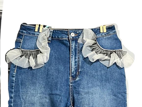 Shein High Waist Frill Contrast Mesh Flare Leg Ruffle Trim Tulle Detail Jeans - Picture 9 of 9